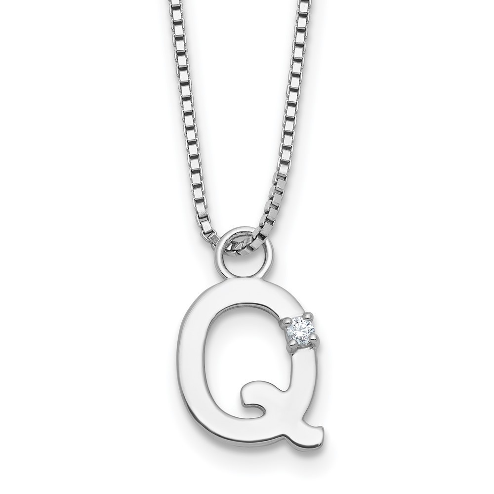 925 Sterling Silver Rh-Plated 18" Diamond Letter Q Initial Necklace Plus 2" Ext